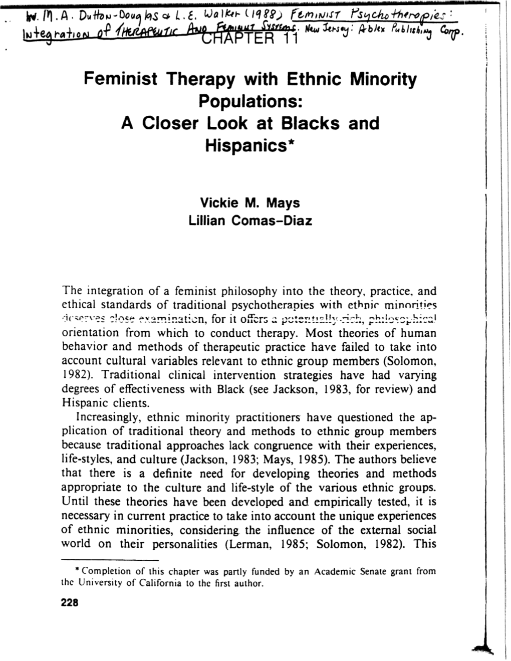 Feminist Therapy with Ethnic Minority Populations: a Closer Look at Blacks and Hispanics*