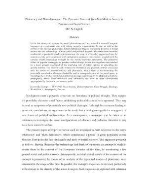 Plutocracy and Pluto-Democracy: the Pervasive Power of Wealth in Modern Society As Polemics and Social Science M.F.N. Giglioli A