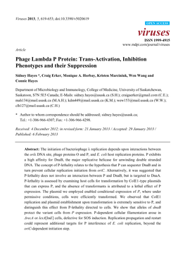 Phage Lambda P Protein: Trans-Activation, Inhibition Phenotypes and Their Suppression