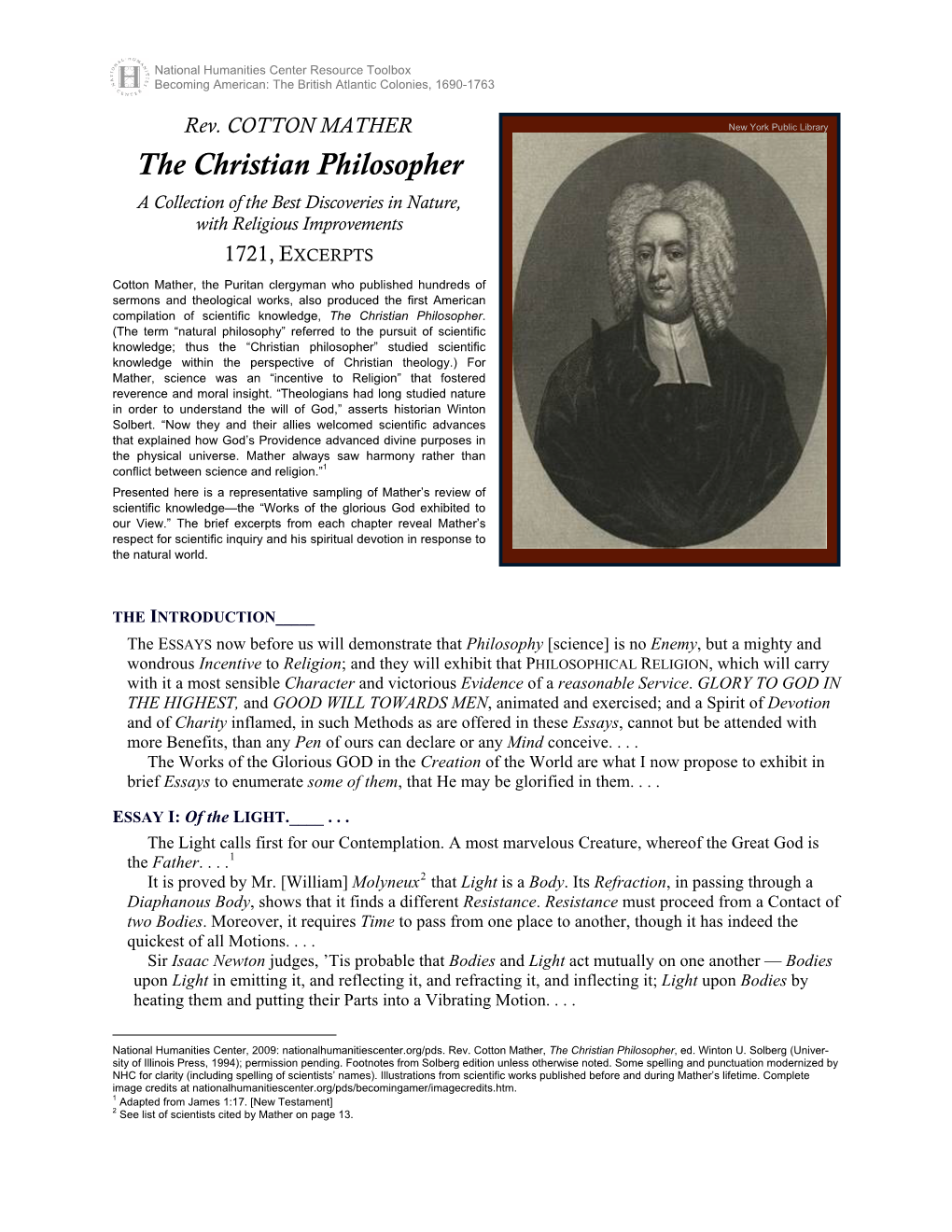 Rev. Cotton Mather, the Christian Philosopher, 1721, Excerpts