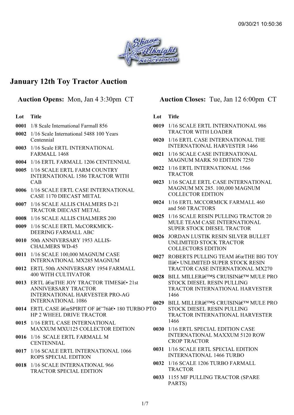 January 12Th Toy Tractor Auction