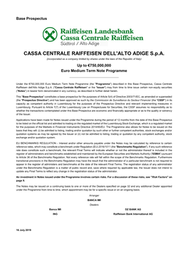 CASSA CENTRALE RAIFFEISEN DELL'alto ADIGE S.P.A