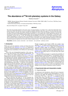 The Abundance of 26Al-Rich Planetary Systems in the Galaxy Matthieu Gounelle1,2