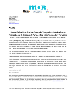Hearst Television Station Group in Tampa Bay Inks Exclusive Promotional & Broadcast Partnership with Tampa Bay Rowdies