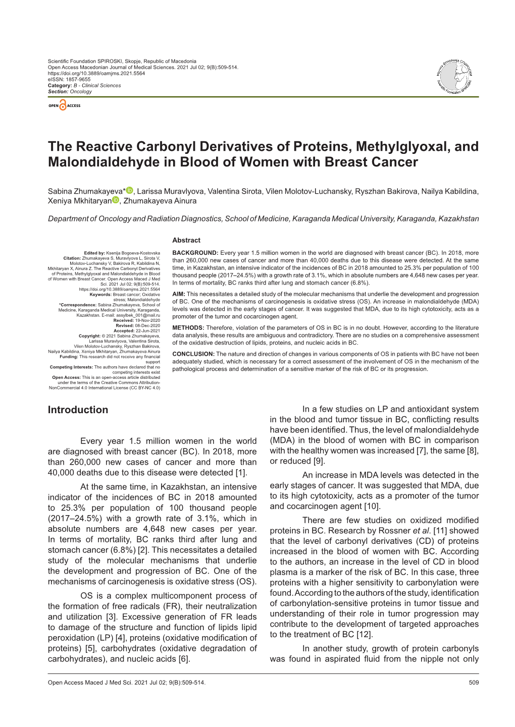 The Reactive Carbonyl Derivatives of Proteins, Methylglyoxal, and Malondialdehyde in Blood of Women with Breast Cancer