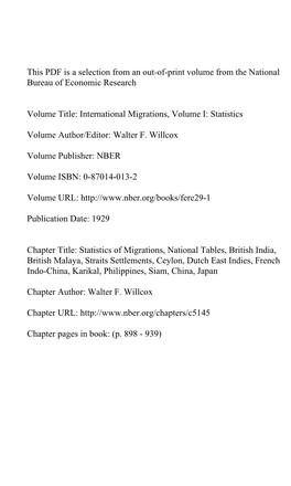 Statistics of Migrations, National Tables, British India, British Malaya