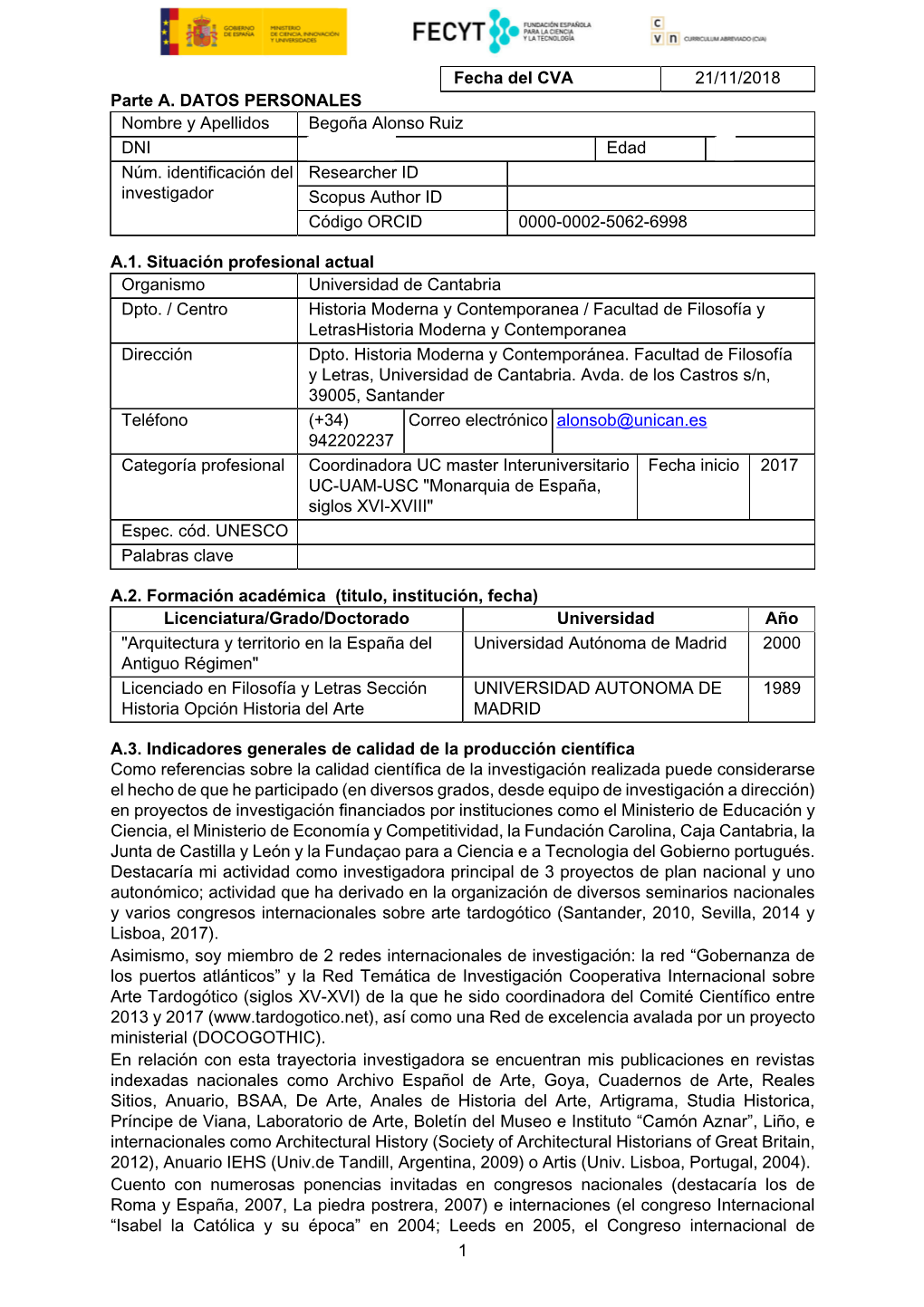 1 Fecha Del CVA 21/11/2018 Parte A. DATOS PERSONALES Nombre Y