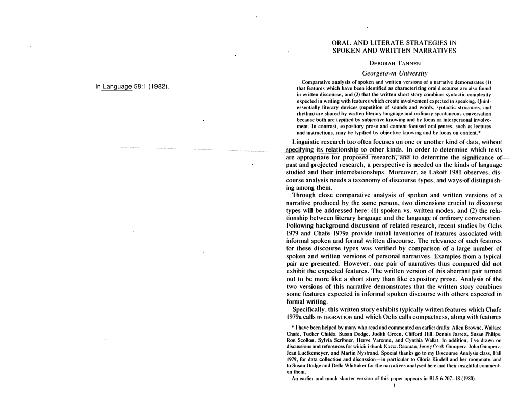 Oral and Literate Strategies in Spoken and Written Narratives." Language 58(1982):1.1-21