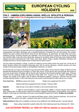 ITALY - UMBRIA EXPLORING ASSISI, SPELLO, SPOLETO & PERUGIA 8-Days / 7-Nights GREAT VALUE Self-Guided Inn-To-Inn Easy to Moderate Cycling Holidays