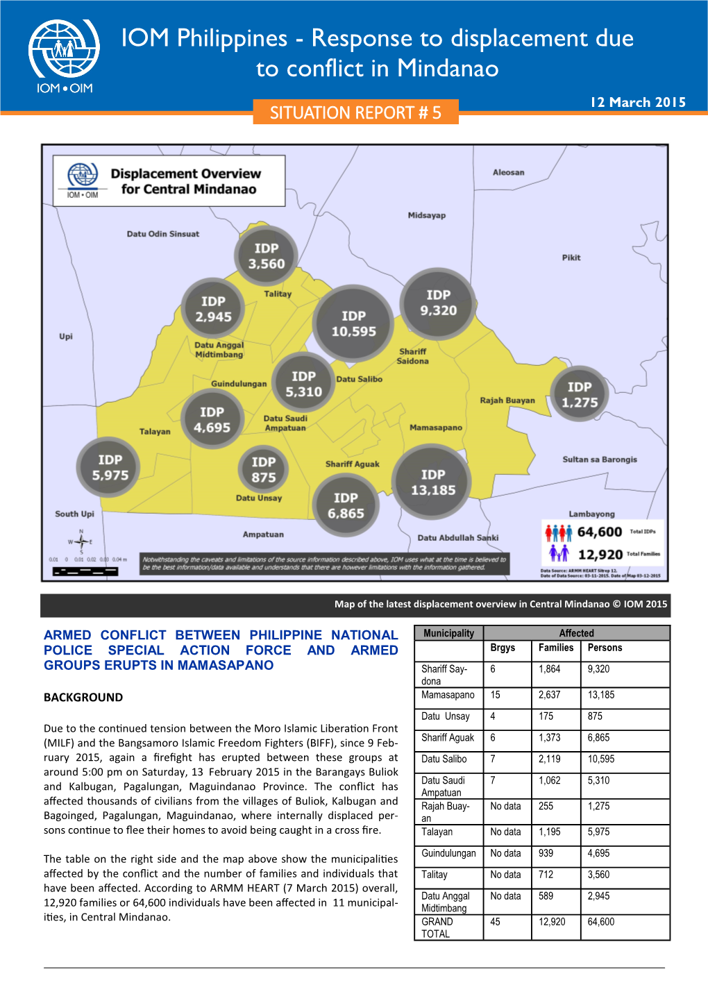 IOM Philippines - Response to Displacement Due to Conflict in Mindanao 12 March 2015 SITUATION REPORT # 5