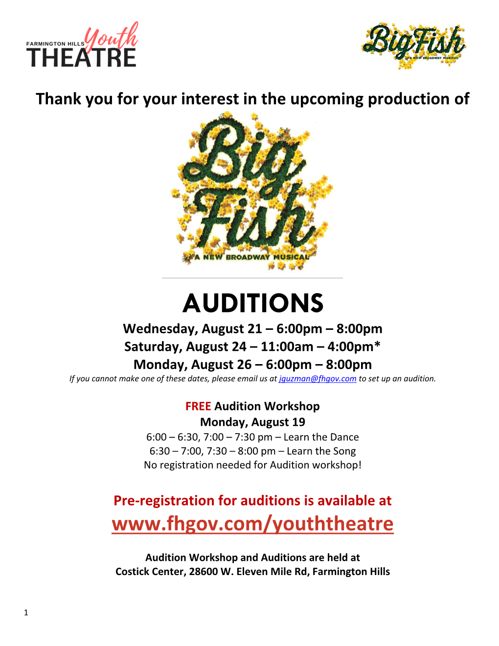 2019 Big Fish Audition Materials