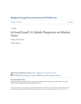 Is Greed Good? a Catholic Perspective on Modern Usury William M