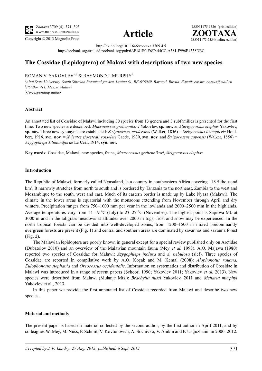 The Cossidae (Lepidoptera) of Malawi with Descriptions of Two New Species