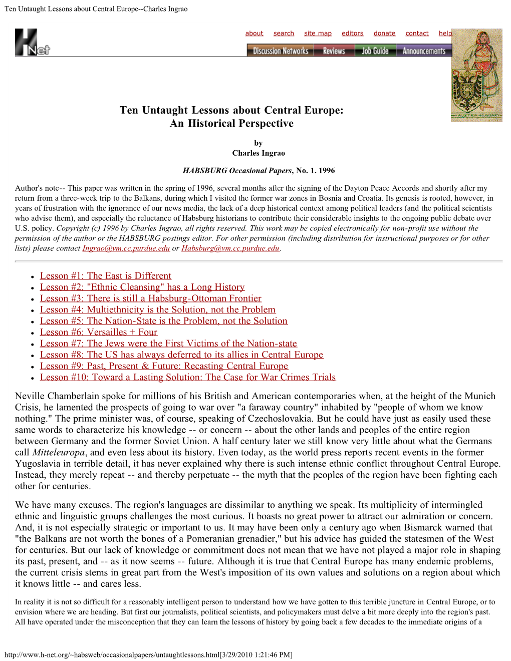 Ten Untaught Lessons About Central Europe--Charles Ingrao