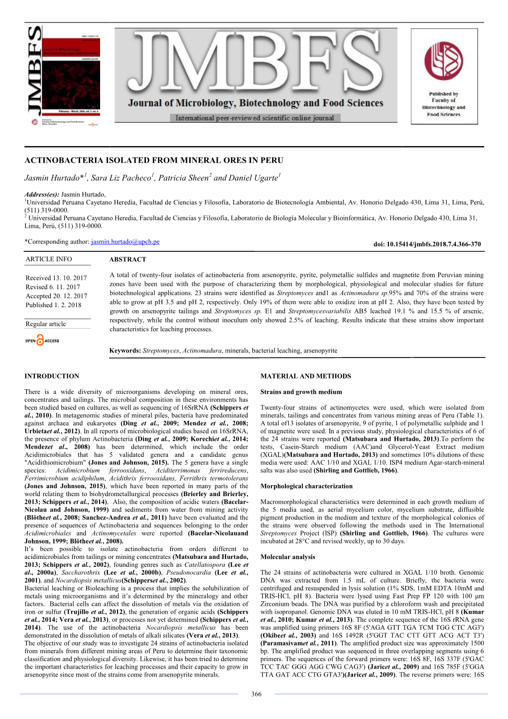 Actinobacteria Isolated from Mineral Ores in Peru