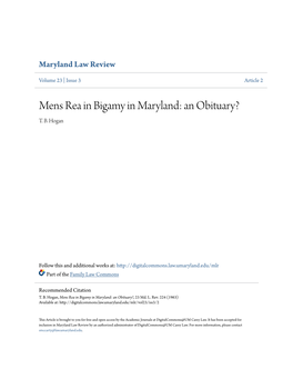 Mens Rea in Bigamy in Maryland: an Obituary? T
