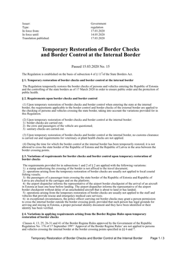 Temporary Restoration of Border Checks and Border Control at the Internal Border