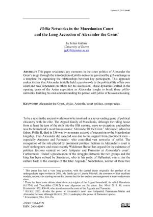 Philia Networks in the Macedonian Court and the Long Accession of Alexander the Great*