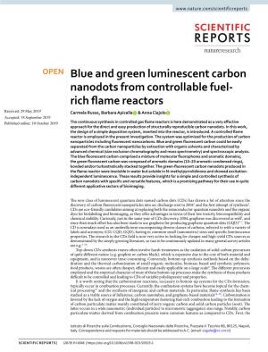 Blue and Green Luminescent Carbon Nanodots from Controllable Fuel-Rich