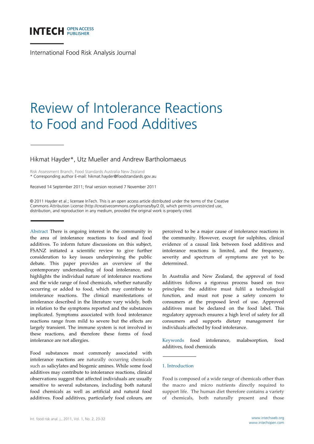 Review of Intolerance Reactions to Food and Food Additives