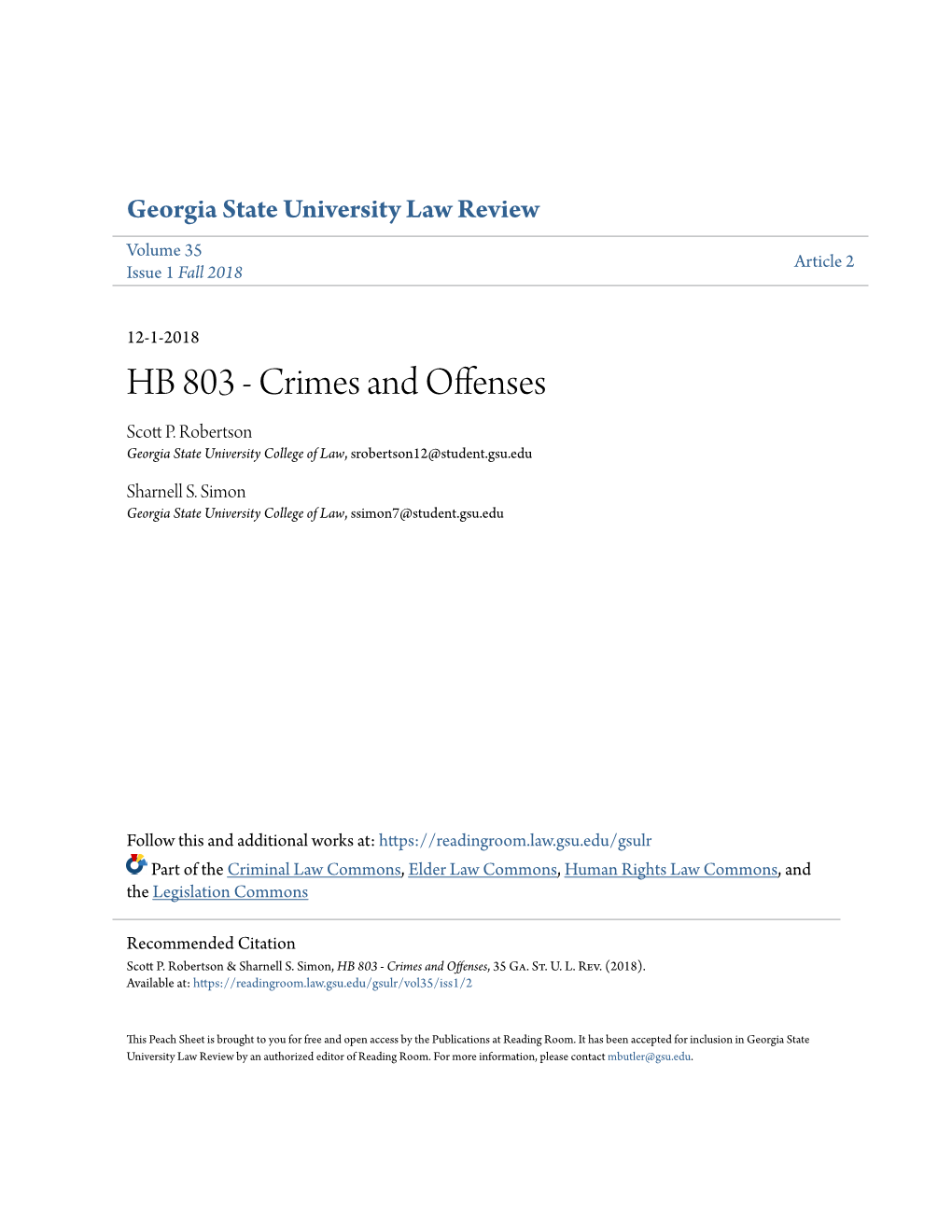 HB 803 - Crimes and Offenses Scott .P Robertson Georgia State University College of Law, Srobertson12@Student.Gsu.Edu