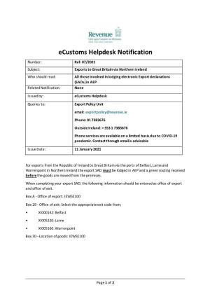 Ecustoms Helpdesk Notification Ref 07/2021