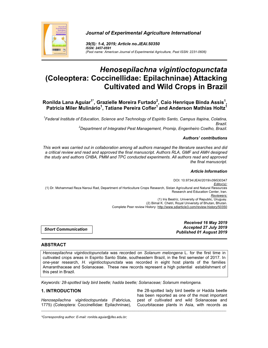 Henosepilachna Vigintioctopunctata (Coleoptera: Coccinellidae: Epilachninae) Attacking Cultivated and Wild Crops in Brazil