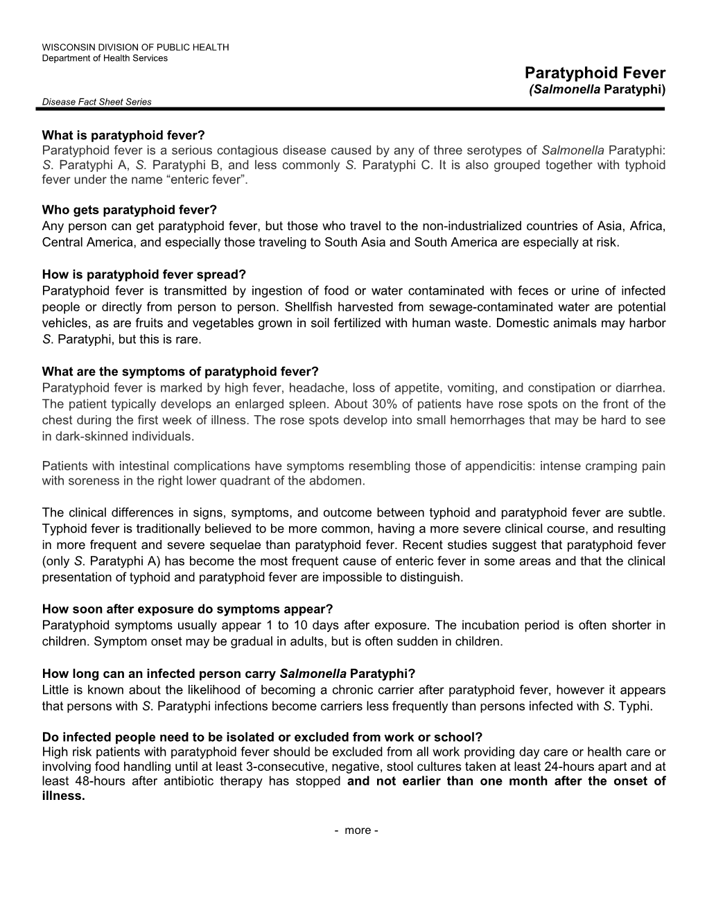 Paratyphoid Fever Fact Sheet, P-00119