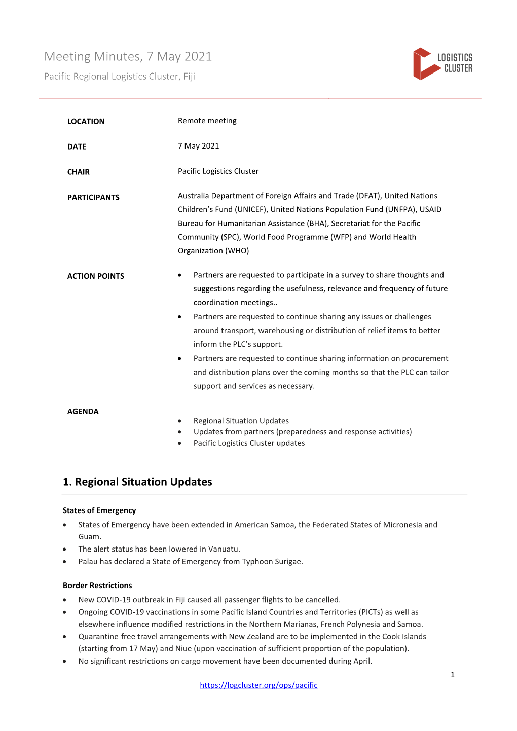 Meeting Minutes, 7 May 2021 Pacific Regional Logistics Cluster, Fiji