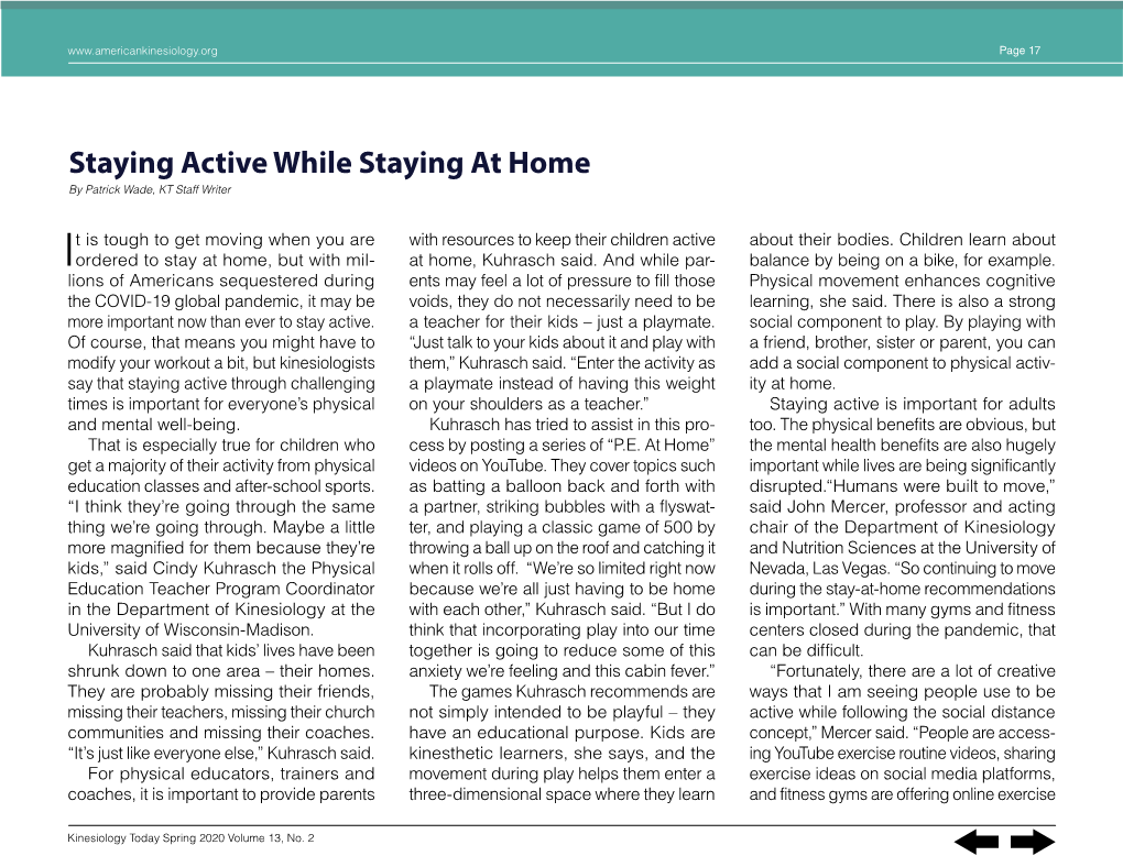 Staying Active While Staying at Home by Patrick Wade, KT Staff Writer