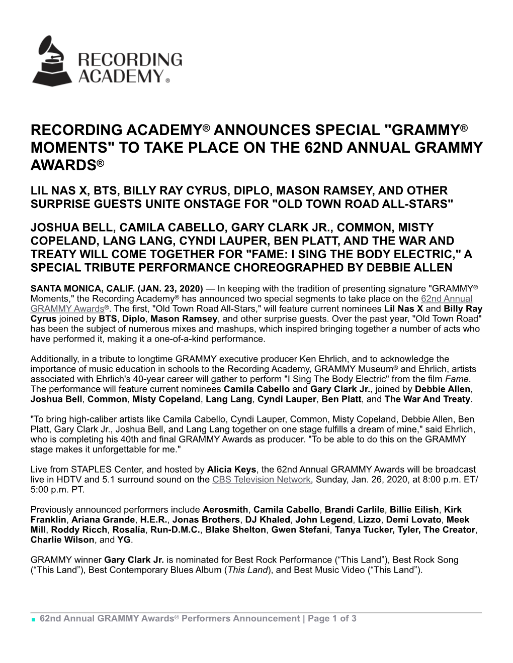 Recording Academy® Announces Special "Grammy® Moments" to Take Place on the 62Nd Annual Grammy Awards®