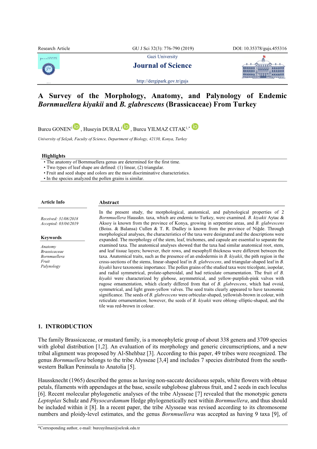 Journal of Science a Survey of the Morphology, Anatomy