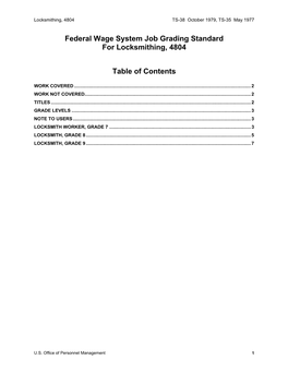 Federal Wage System Job Grading Standard for Locksmithing, 4804