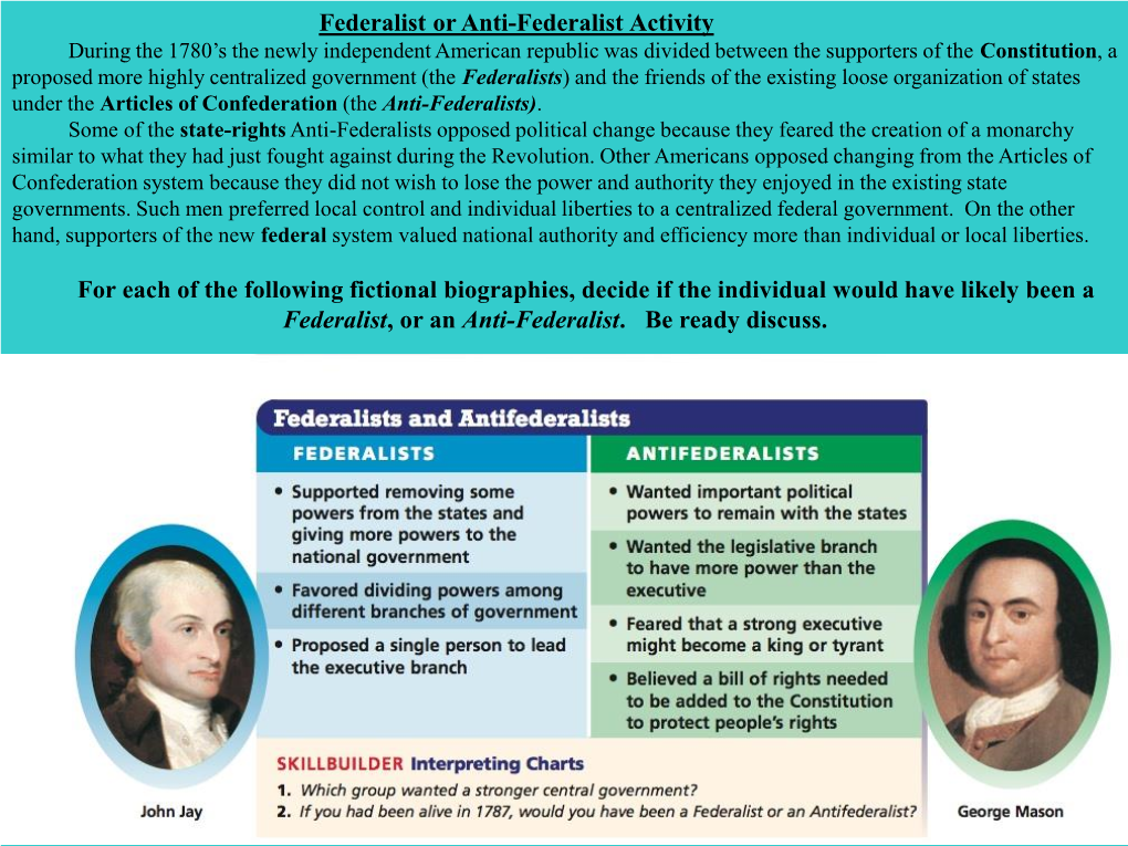 The Federalists) and the Friends of the Existing Loose Organization of States Under the Articles of Confederation (The Anti-Federalists)