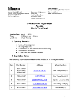 Committee of Adjustment North York, Hearing Agenda, March 11, 2021