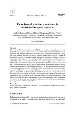 Parasitism and Behavioural Syndromes in the Fish
