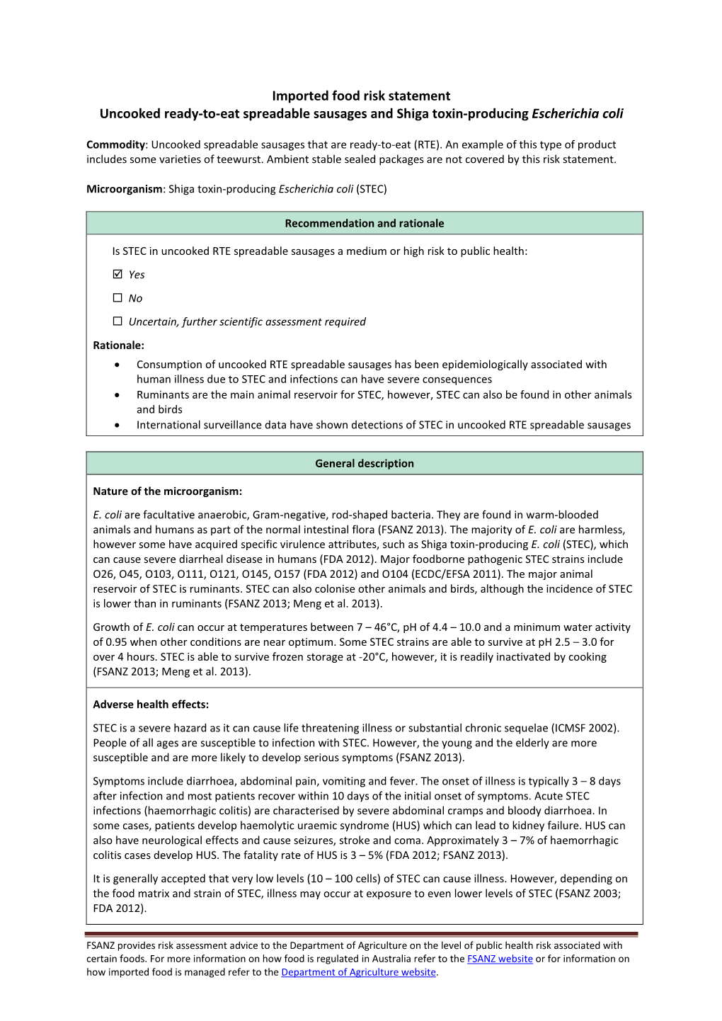 Imported Food Risk Statement Uncooked Ready-To-Eat Spreadable Sausages and Shiga Toxin-Producing Escherichia Coli