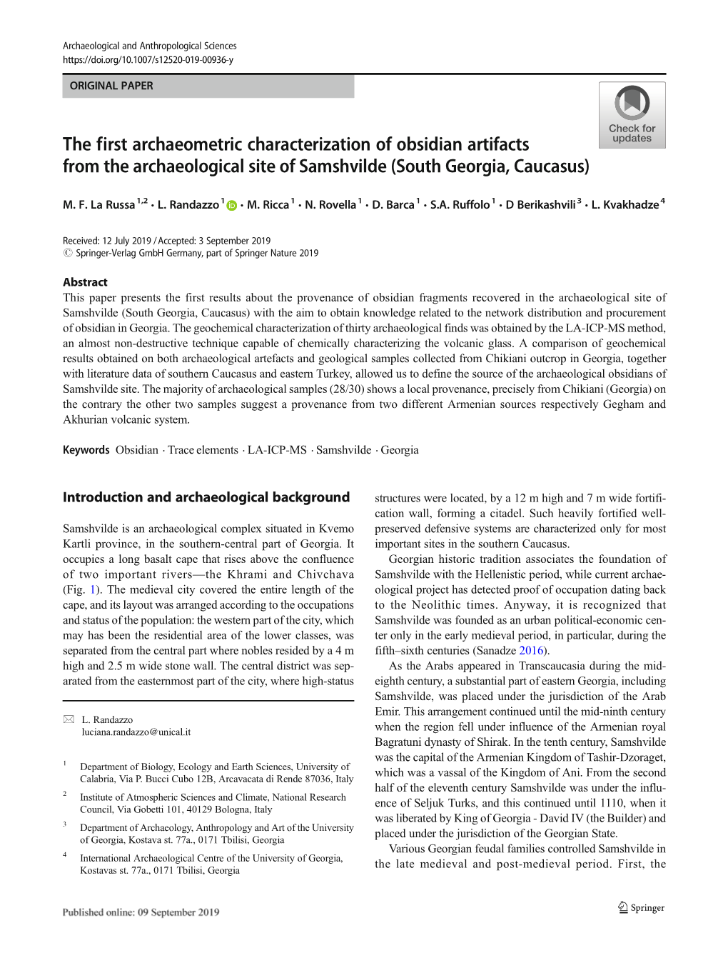 The First Archaeometric Characterization of Obsidian Artifacts from the Archaeological Site of Samshvilde (South Georgia, Caucasus)