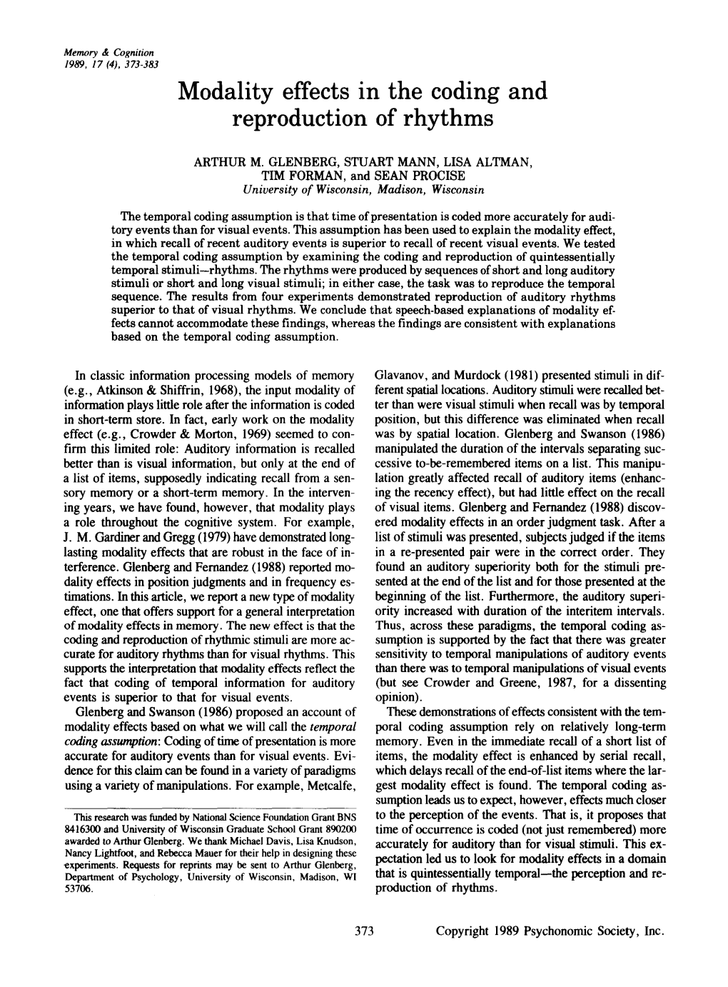 Modality Effects in the Coding Reproduction of Rhythms