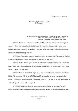 A RESOLUTION to Honor Coach Phillip Fulmer and the 1998-99 University of Tennessee Football Team on Winning the NCAA National Championship