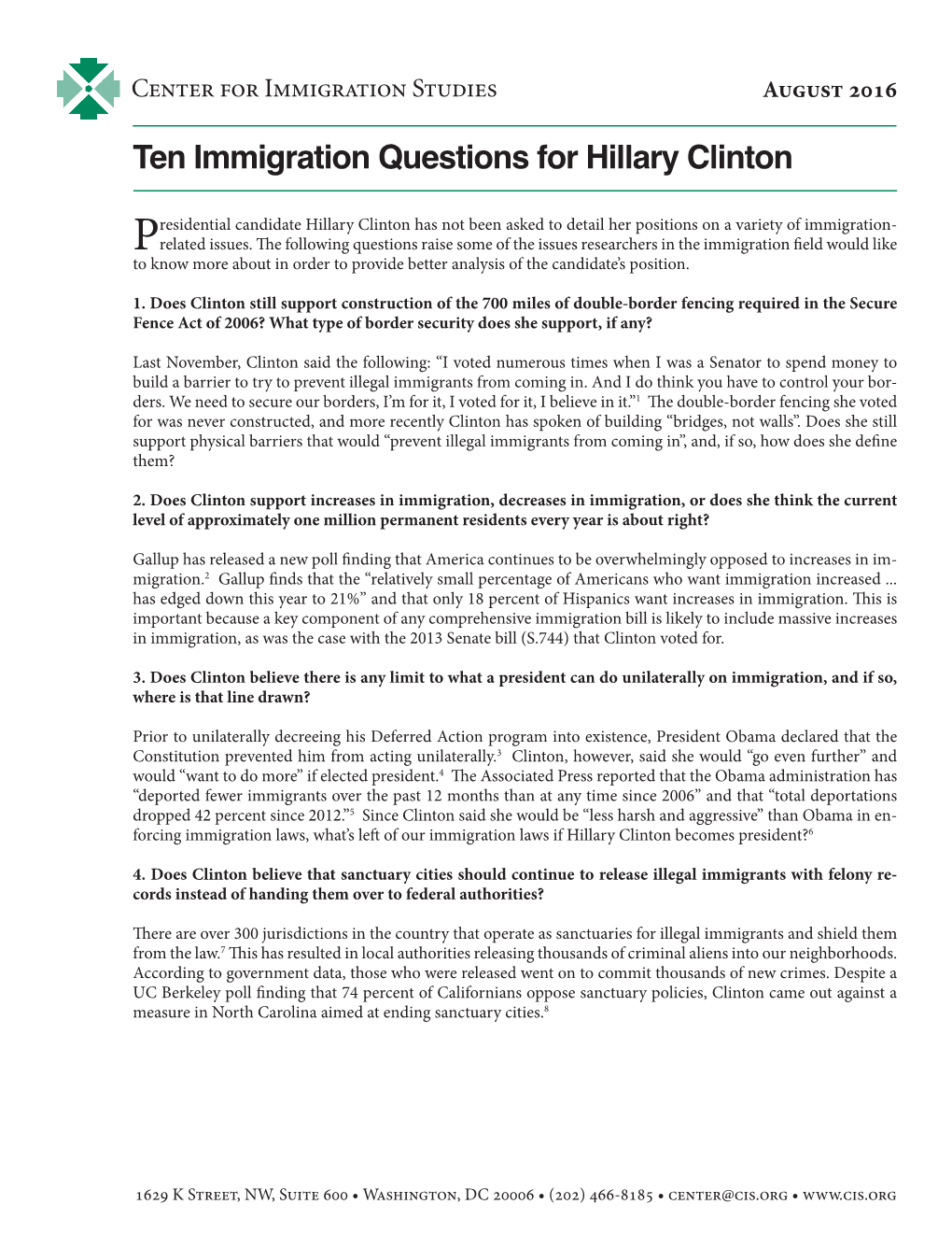 Ten Immigration Questions for Hillary Clinton