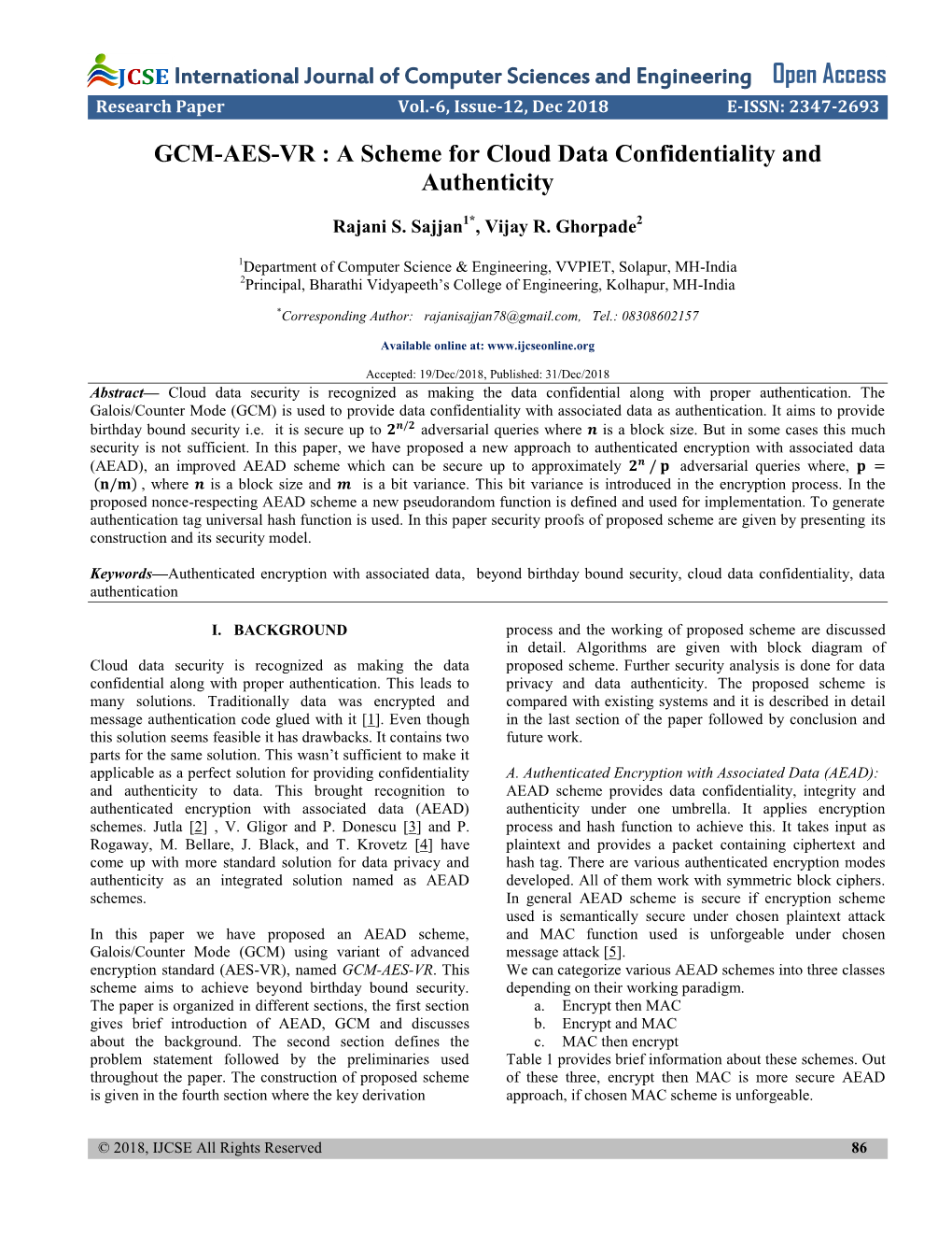 GCM-AES-VR : a Scheme for Cloud Data Confidentiality and Authenticity