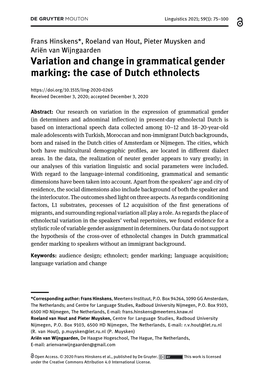 Variation and Change in Grammatical Gender Marking: the Case of Dutch