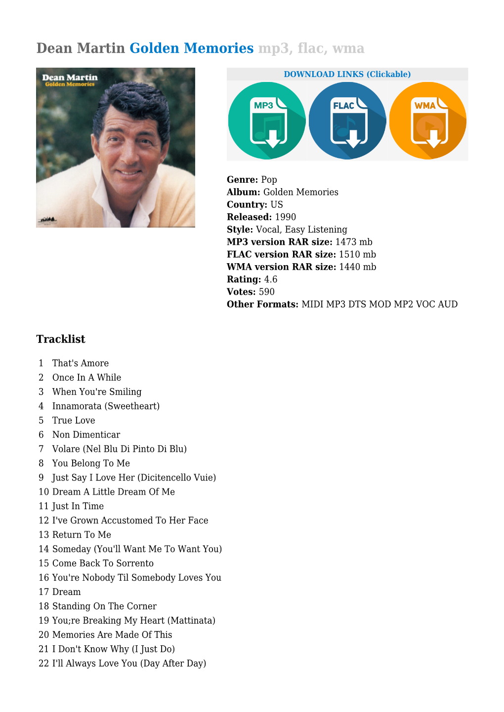 Dean Martin Golden Memories Mp3, Flac, Wma