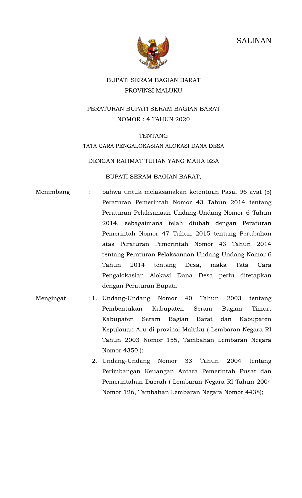 Perbup No. 4 Tahun 2020 Tata Cara Pengalokasian ADD.Pdf