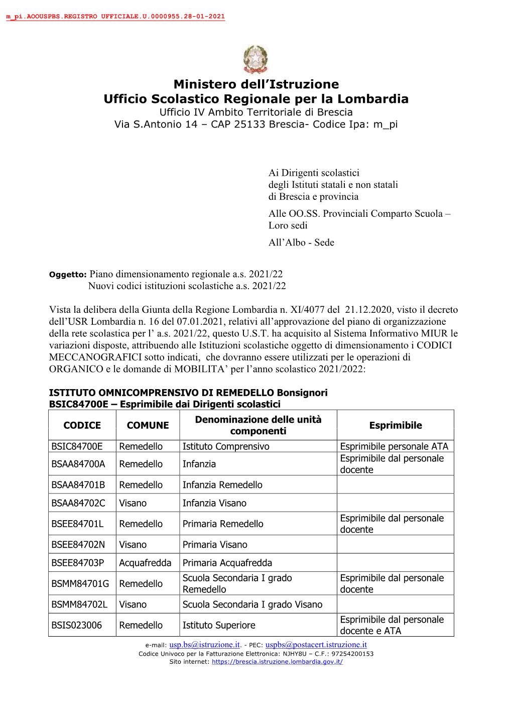 Ministero Dell'istruzione Ufficio Scolastico Regionale Per La