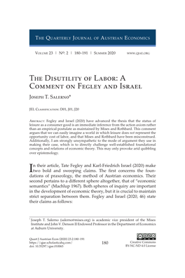 The Disutility of Labor: a Comment on Fegley and Israel Joseph T