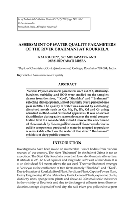 Assessment of Water Quality Parameters of the River Brahmani at Rourkela