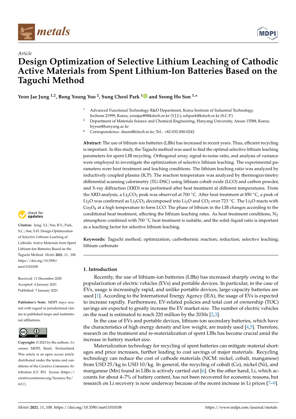 Design Optimization of Selective Lithium Leaching of Cathodic Active Materials from Spent Lithium-Ion Batteries Based on the Taguchi Method