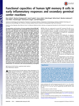 Functional Capacities of Human Igm Memory B Cells in Early Inflammatory Responses and Secondary Germinal Center Reactions